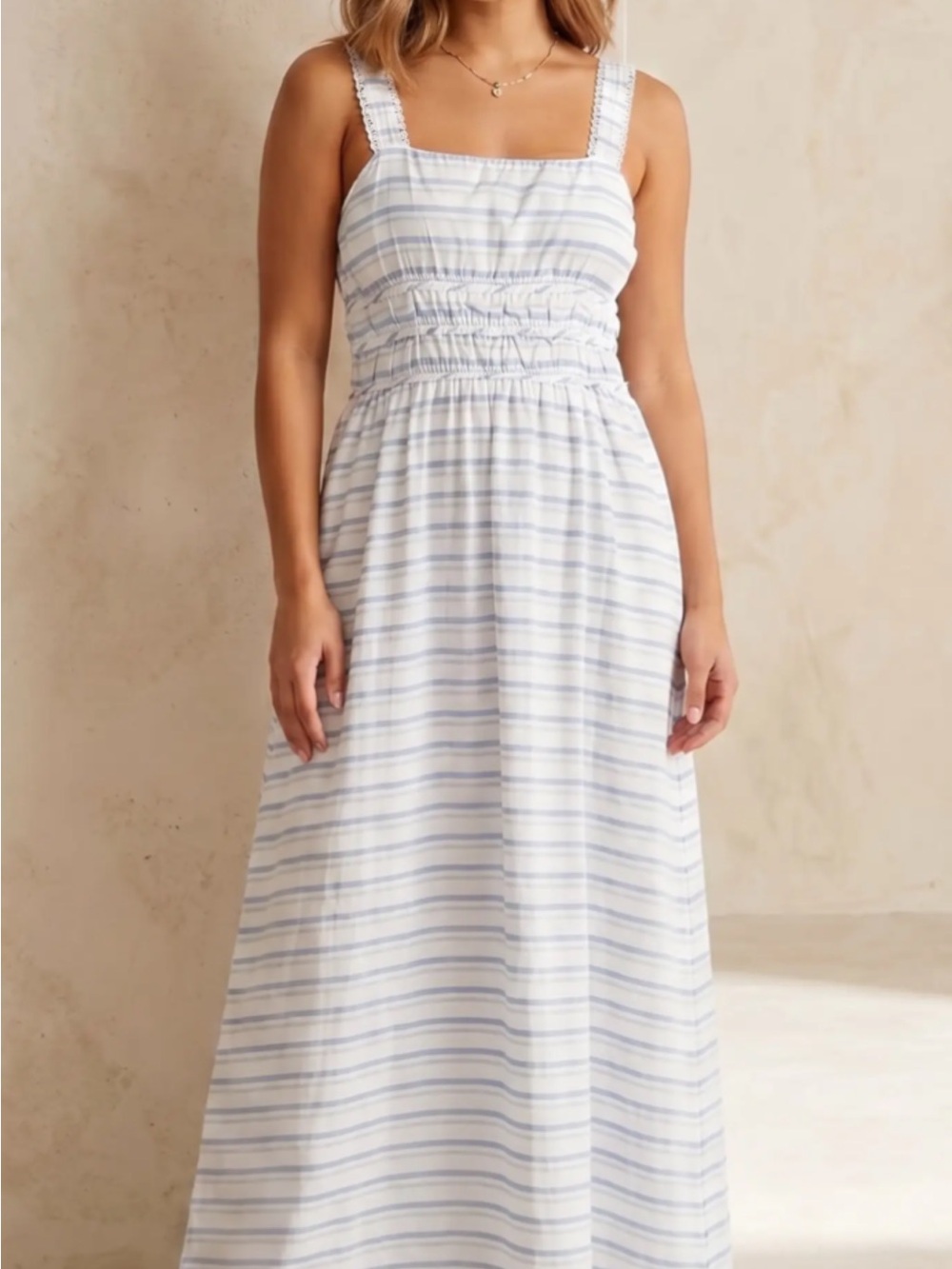Altar'd State White Maxi Dress with Light Blue Stripes